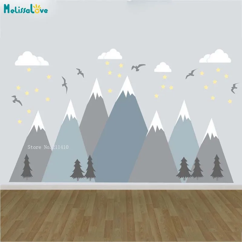 The Birds Under Shining Stars Travel Freely Among Large Mountains Wall Stickers Nursery Decor With Trees Decals Vinyl YT5234