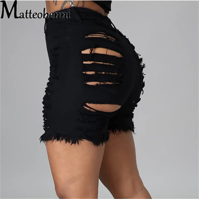 2021 Blue Ripped Cut Out Denim Shorts With Tassel Women Streetwear High Waist Hollow Out Sexy Hole Jean Shorts Female