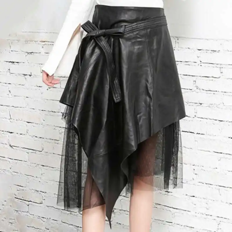 

Fashion Elegant Genuine Leather Skirts Women High Waist Skirts Female Black Real Sheepskin Patchwork Mesh A Line Ladies Skirts