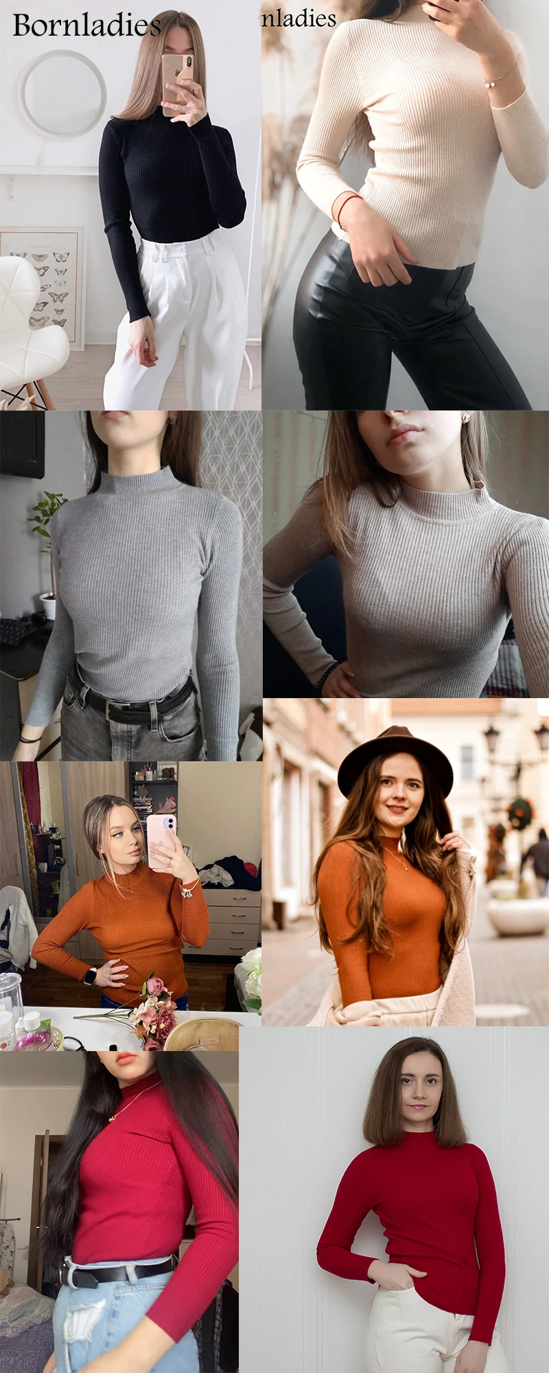 Bornladies Herbst-Winter Basic Rollkragen-Strickpullover 2025 Damen Pullover Einfarbig Minimalistisch Günstige Oberteile – Detail 2