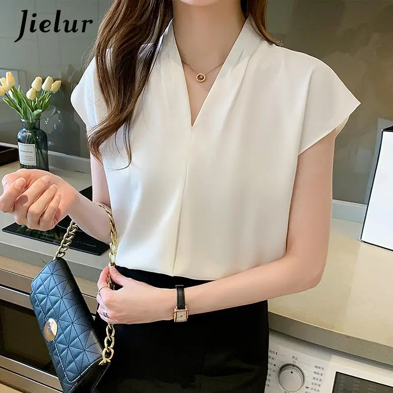 Jielur Black White Blouses Female V-Neck Summer Satin Women\'s Blouse Office Lady Sexy Casual Short Sleeve Shirt Blusa Feminina