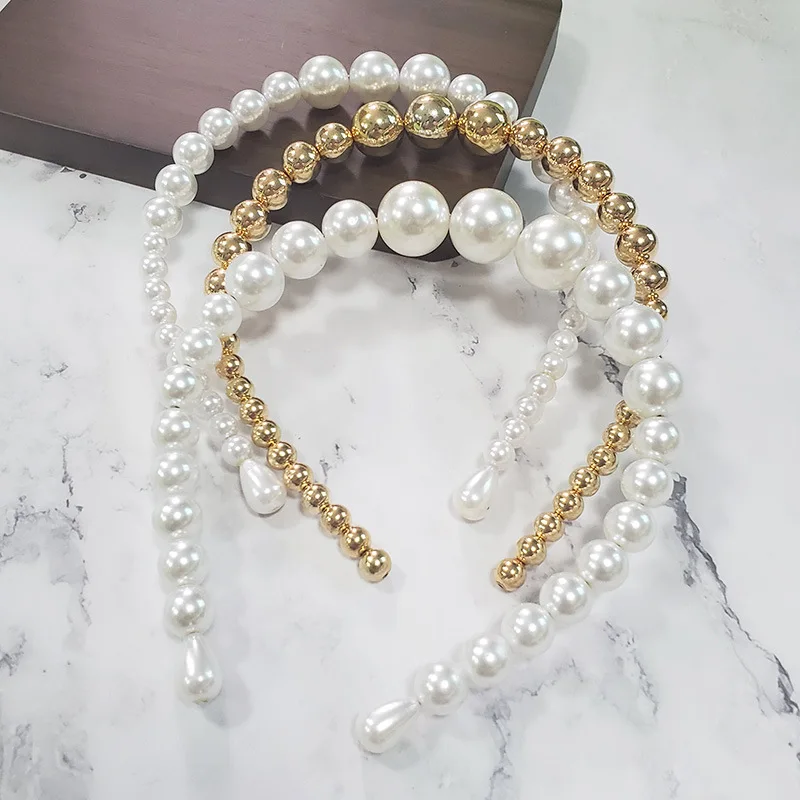 New Arrivals Wholesale Simple Big Pearl Headband Gold Beaded White Large Pearls Hairband for Women Hair Accessories