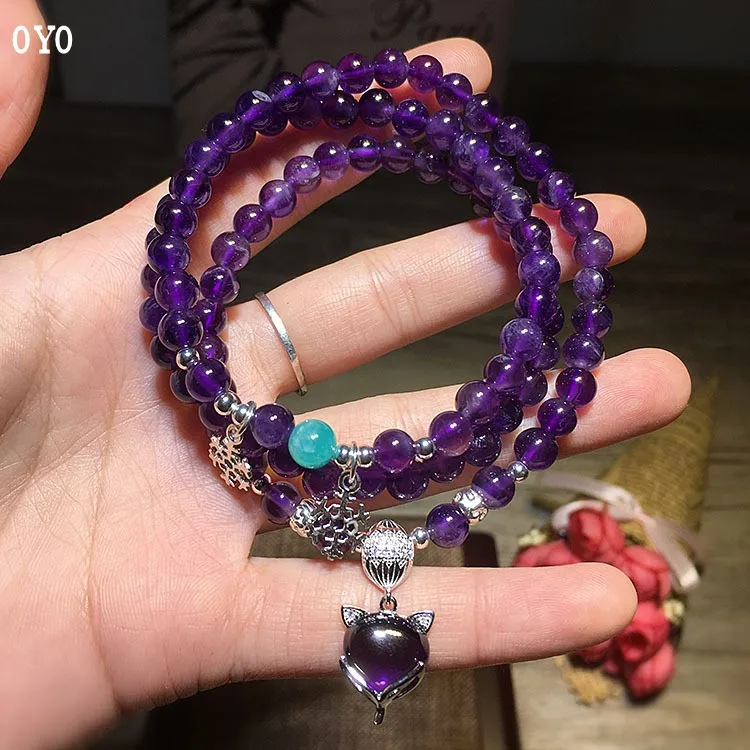 Natural Crystal Bracelet Dark Amethyst Little Fox Snowflake Multi-Circle Bracelet Hand Beaded Jewelry