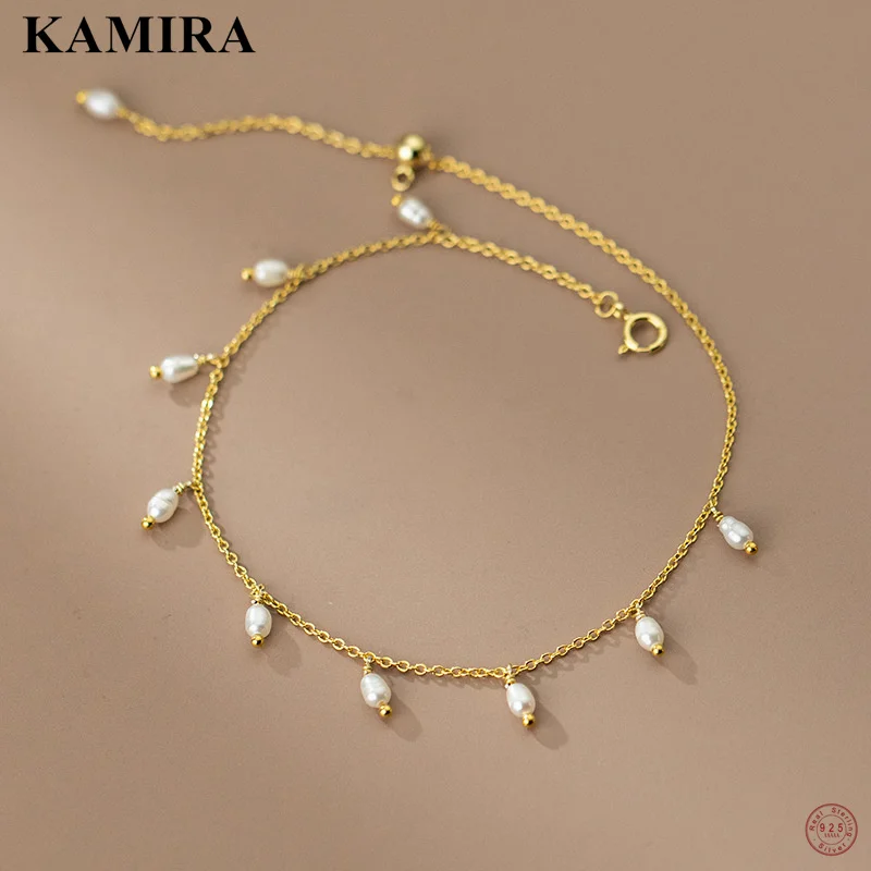 

KAMIRA Real 925 Sterling Silver Luxury Bohemian Baroque Pearl Pendant Anklet for Women Anniversary Retro Unique European Jewelry