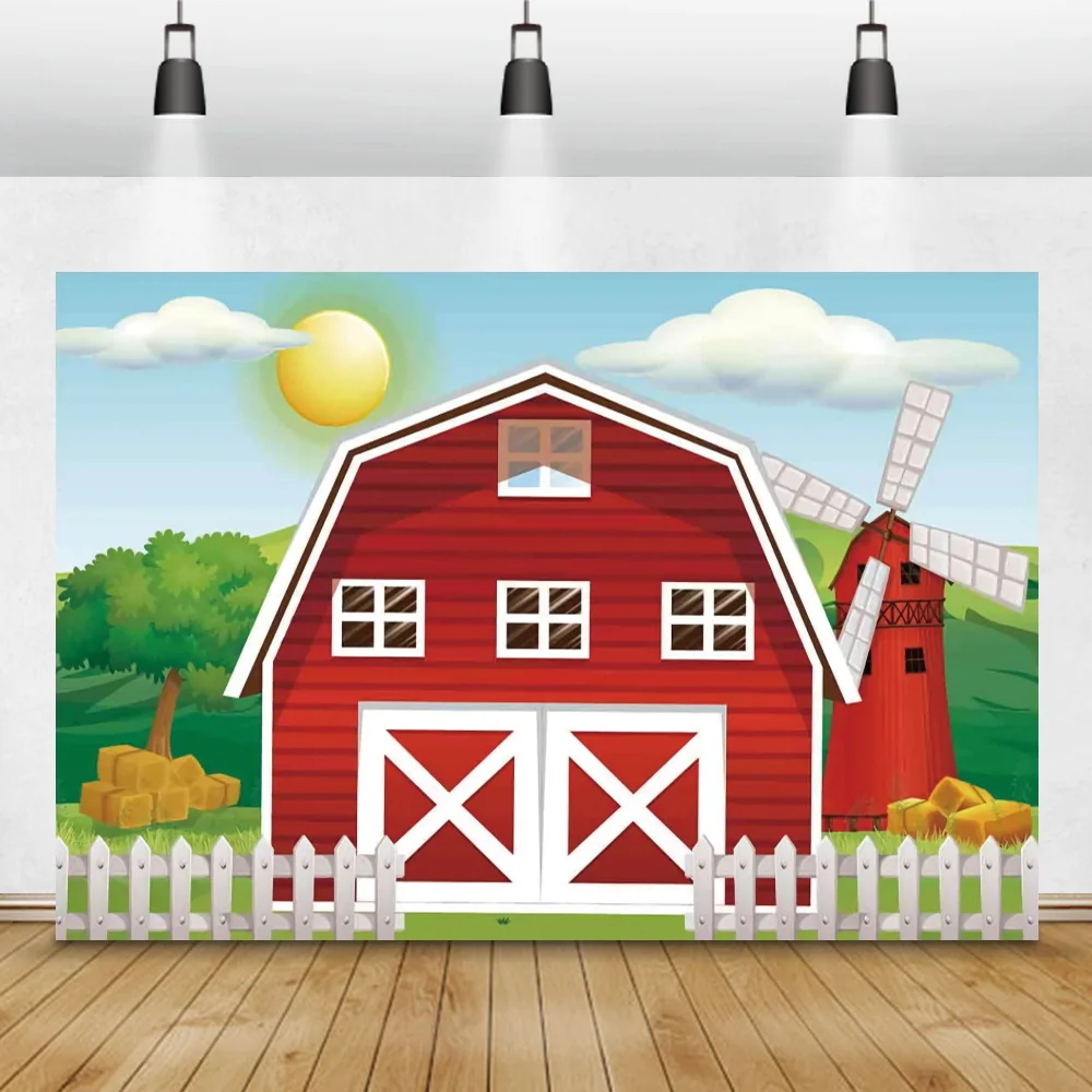 Laeacco Pink Farm Animals Baby Shower Birthday Party Photography Backdrop Sky Clouds Sun Party Decor Customized Photo Background