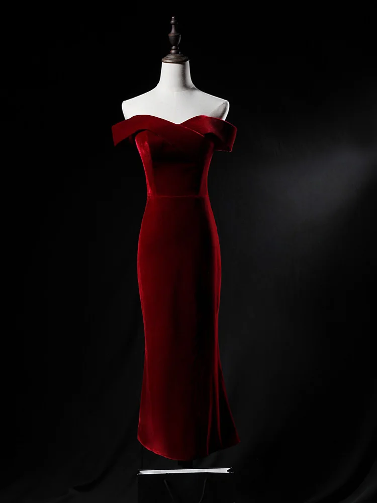 Sexy Velvet Burgundy Cocktail, Party Dresses Strapless Zipper Back Tea Length