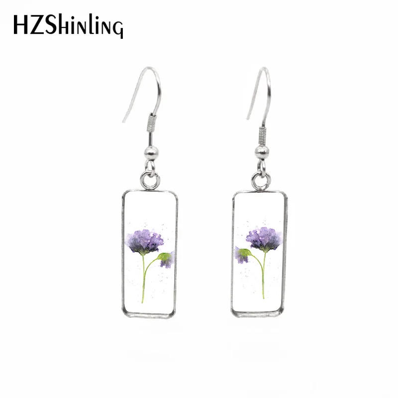 2019 New Purple lavender Rectangular Earring Flowers Art Pattern Fish Hook Earrings Glass Handmade Jewelry