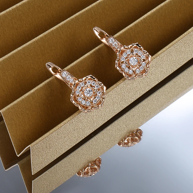 Kinel Hot 585 Rose Gold Color Crystal Flower Dangle Earrings For Women Fashion Natural Zircon Accessories Daily Fine Jewelry