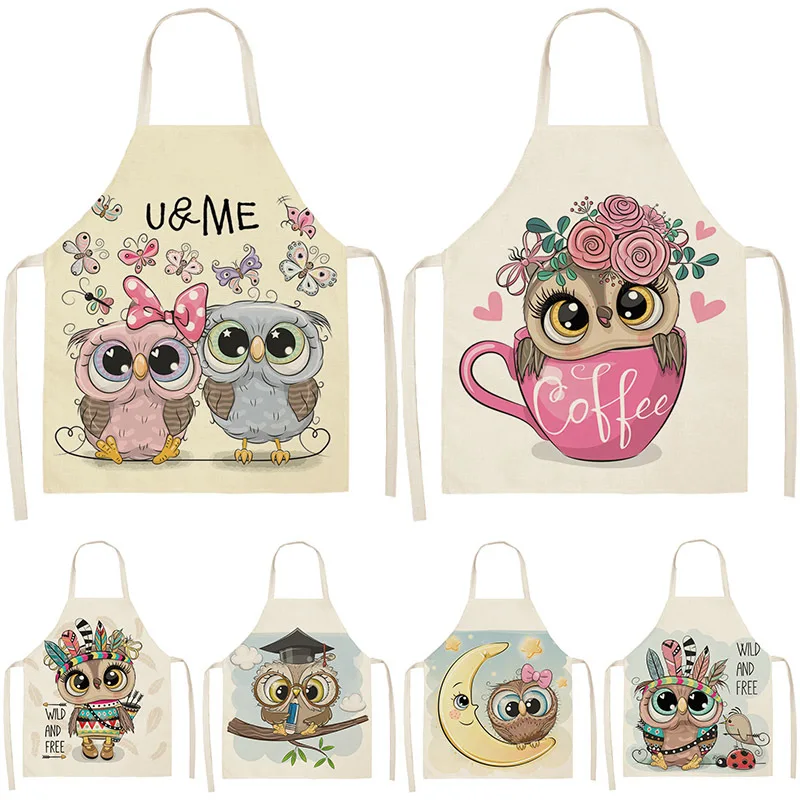 

Owl Flower Cartoon Pattern Printed Cotton Linen Aprons 53*65cm Kitchen Brief Pinafore Women Home Cooking Baking Waist Bibs 46257