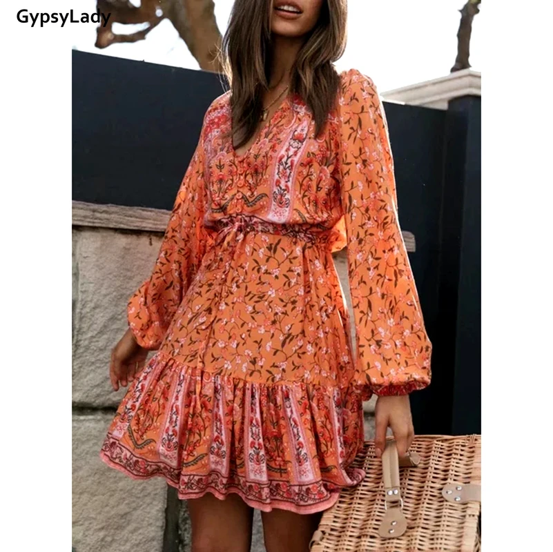 GypsyLady Orange Floral Vintage Mini Dresses for Women Boho Hippie Holiday Dresses V-neck Button Front Long Sleeve Ruffles Dress