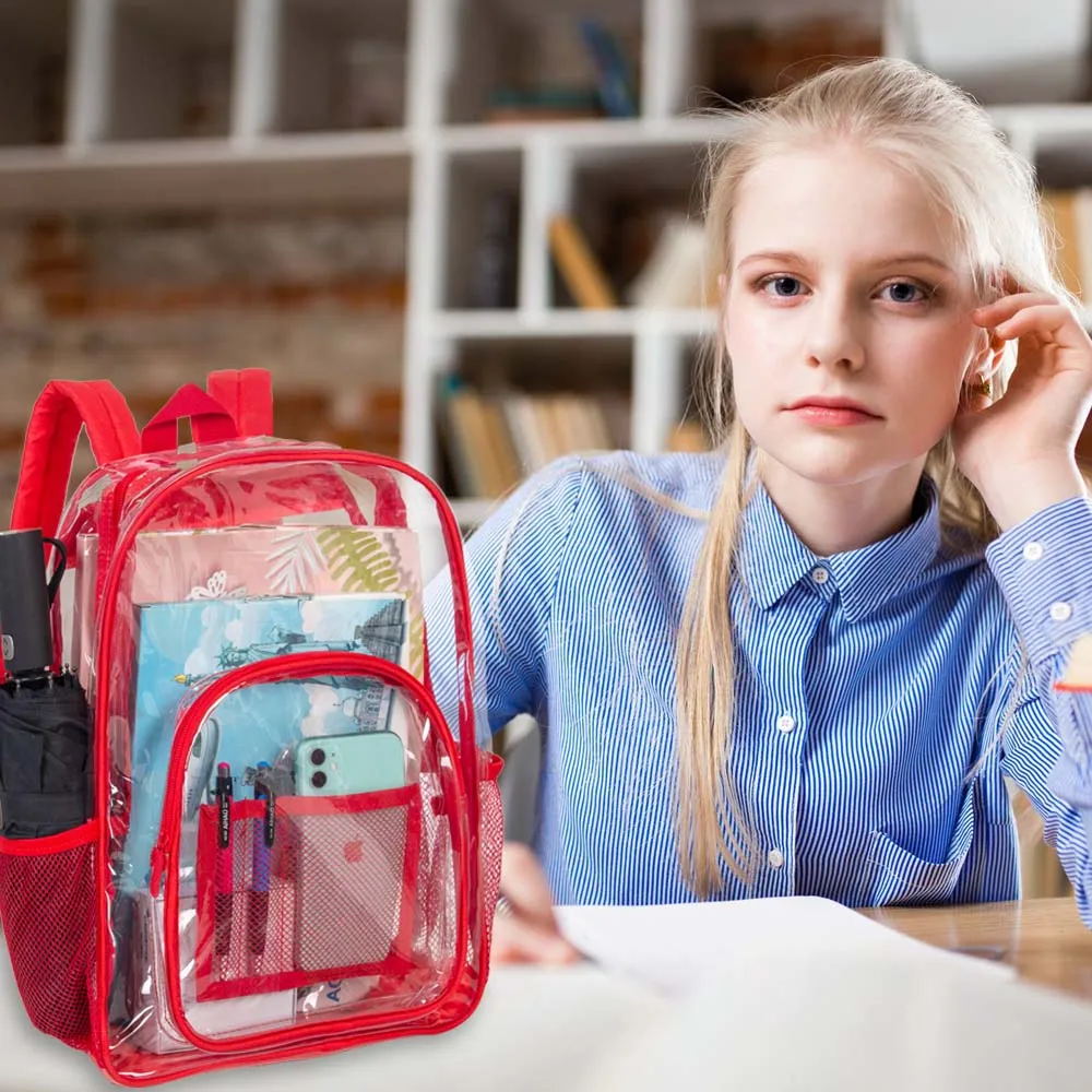 Clear Backpack, Heavy Duty Transparent Bookbag, See Through PVC School Bag for Women Men - Red