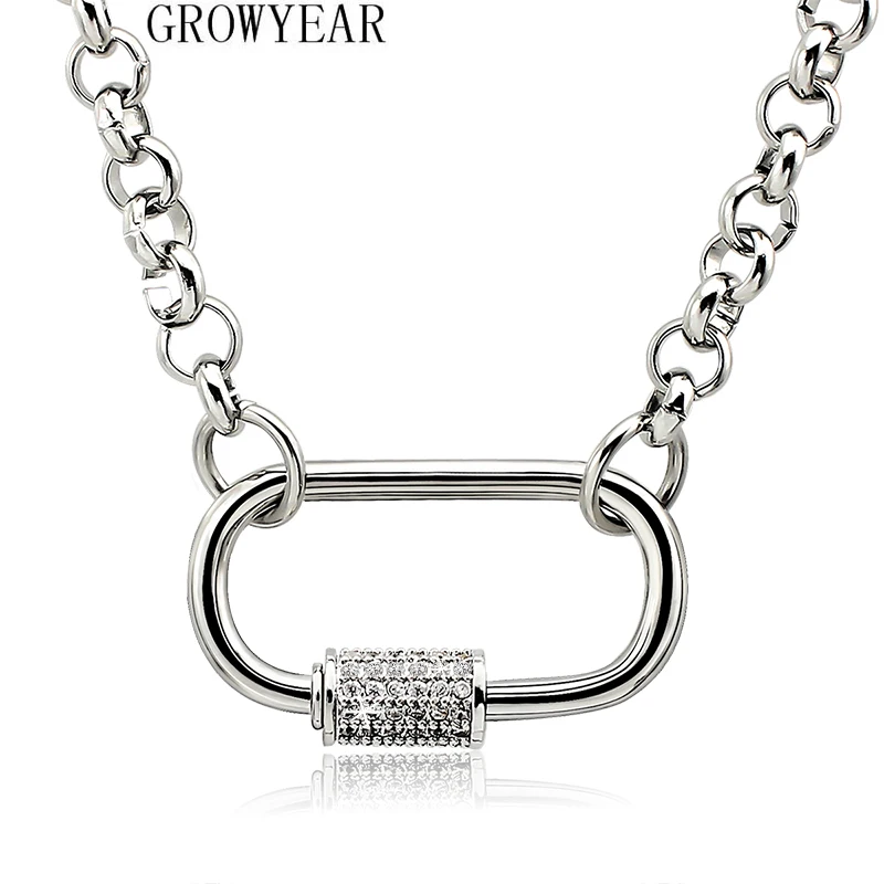 Stainless Steel Rolo Chain Necklace Choker Zirconia Iced Out CZ Carabiner Lock Women Minimalist Chain Femme Collar