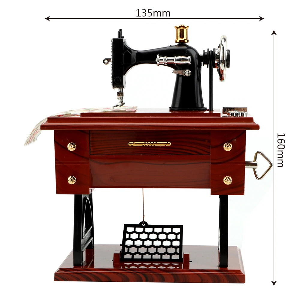 Mini caixa de música estilo máquina de costura, plástico, manivela, vintage, presente de natal, ano novo, aniversário
