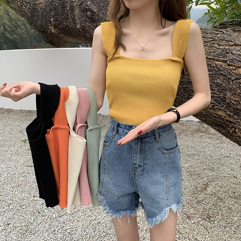 Pearl Diary Knitted Tank Crop Top Rib Knit Tank Summer Slim Basic Solid Sleeveless Tank Top Women Sexy Solid Strappy Crop Tank