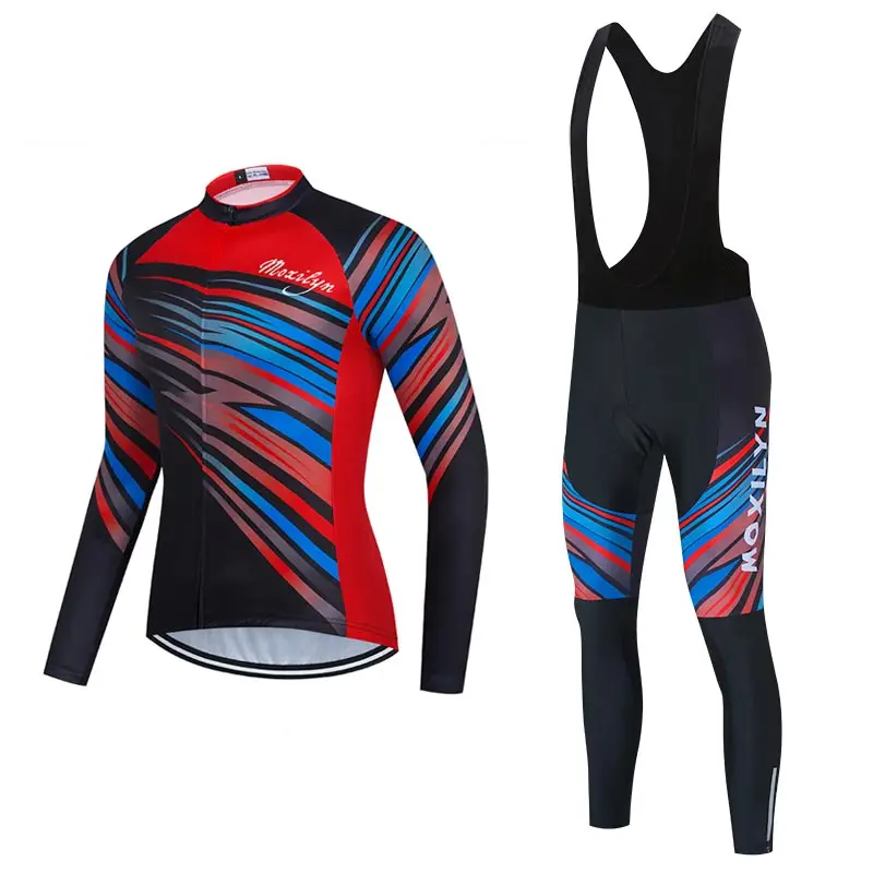 

MOXILYN Mens Cycling Clothes Bike Jersey Kit MTB Long Sleeve Cycling Jersey Set Bike Bibs with 20D Gel Pad