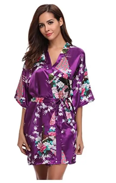 Silk Satin Wedding Bride Bridesmaid Robe Floral Bathrobe Short Kimono Robe Night Robe Bath Robe Fashion Dressing Gown For Women