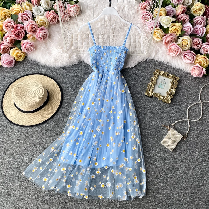 Ladies dress daisy print dress summer sexy lace mesh dress spaghetti strap crumpled floral beach style long dress