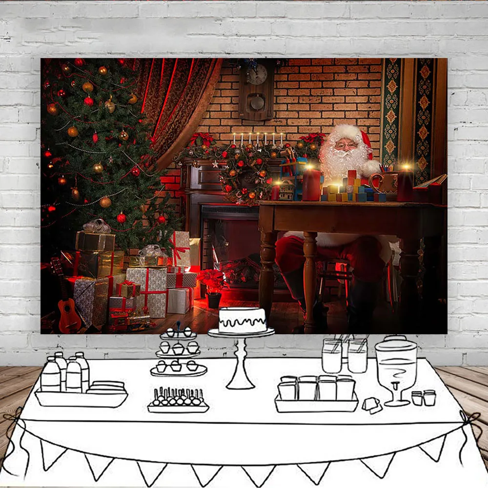 Christmas Santa Claus Photography backdrop Gift Christmas Tree Party Photo background Fireplace Shiny Bells Red Background