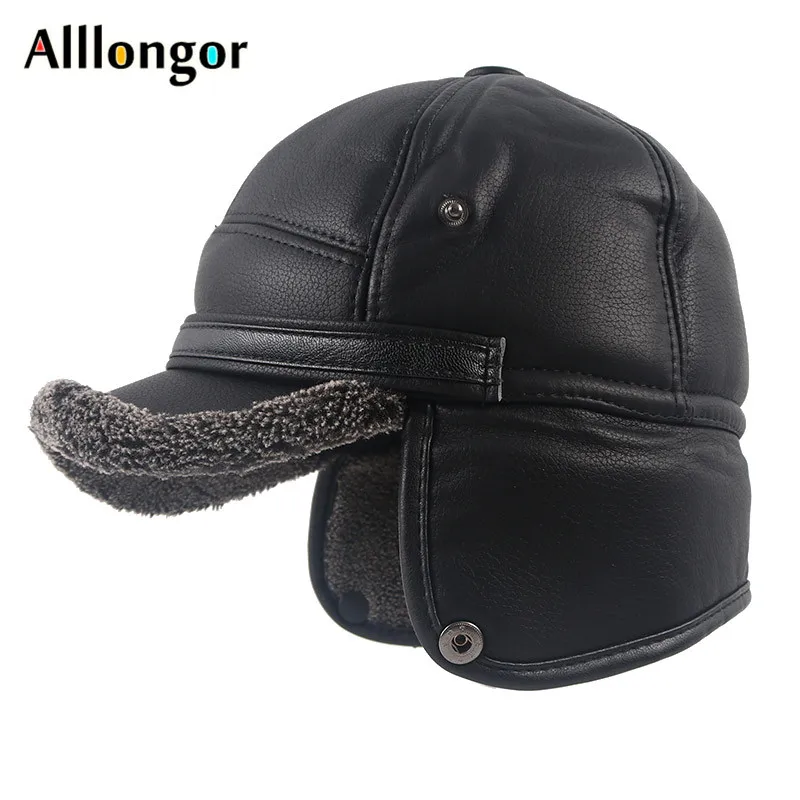 Leather Bomber Hats Men\'s Winter Earflap Hat Ushanka Head Hood 2024 Autumn Warm Faux Fur Wool Earflaps Baseball Cap Male Thicken