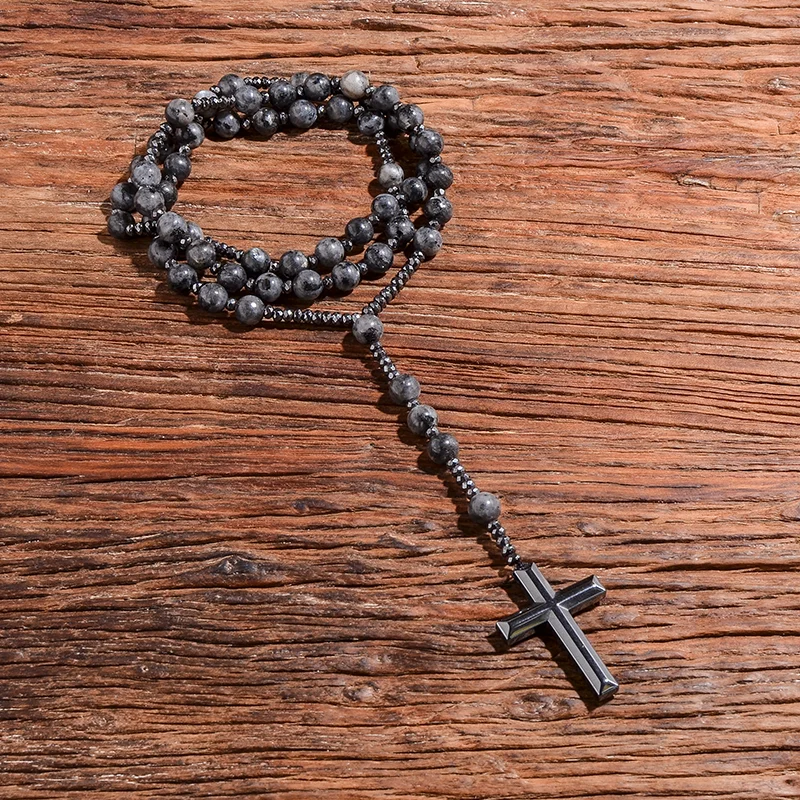 Black Labradorite Catholic Christian Rosary Beaded Necklace Cross Pendant Men and Women Meditation Yoga Mala Jewelry