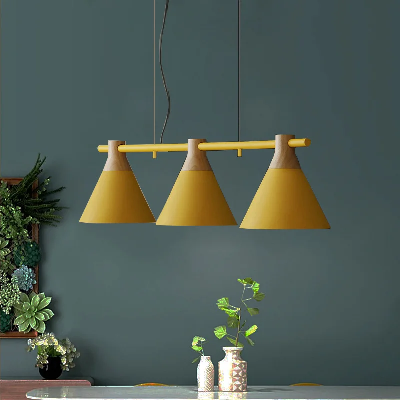 

Modern 3 Light Linear Pendant Lighting Nordic Dark Grey Green Yellow Metal And Wood 3 Bar Pendant Light For Kitchen Dinning Room