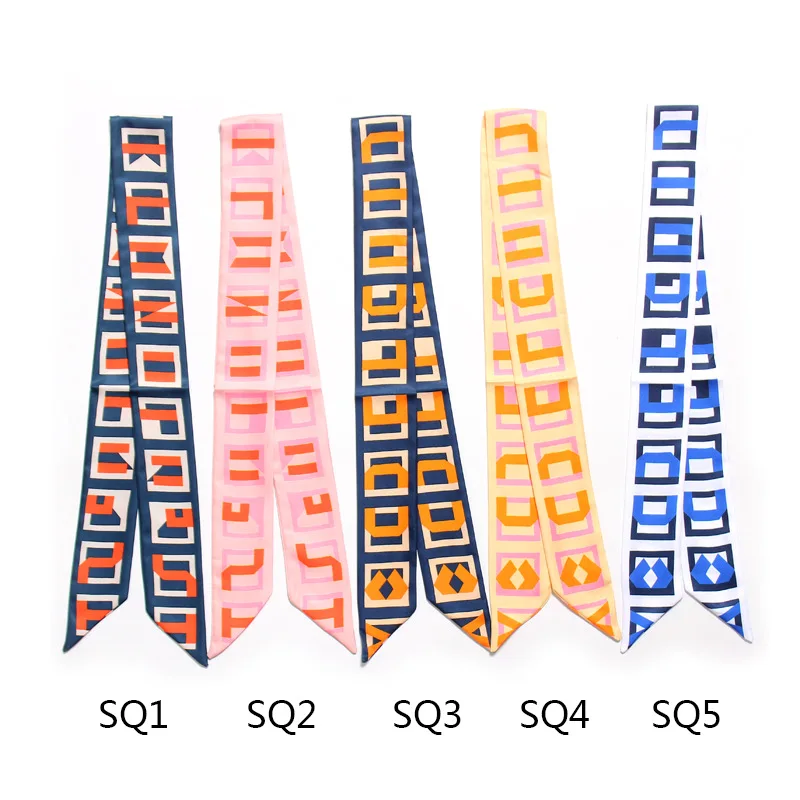 Small Silk Scarf for WomenSporty Double-sided Geometric Printing  Handle Bag Ribbons Brand 5*100cm Small Long Wholesale