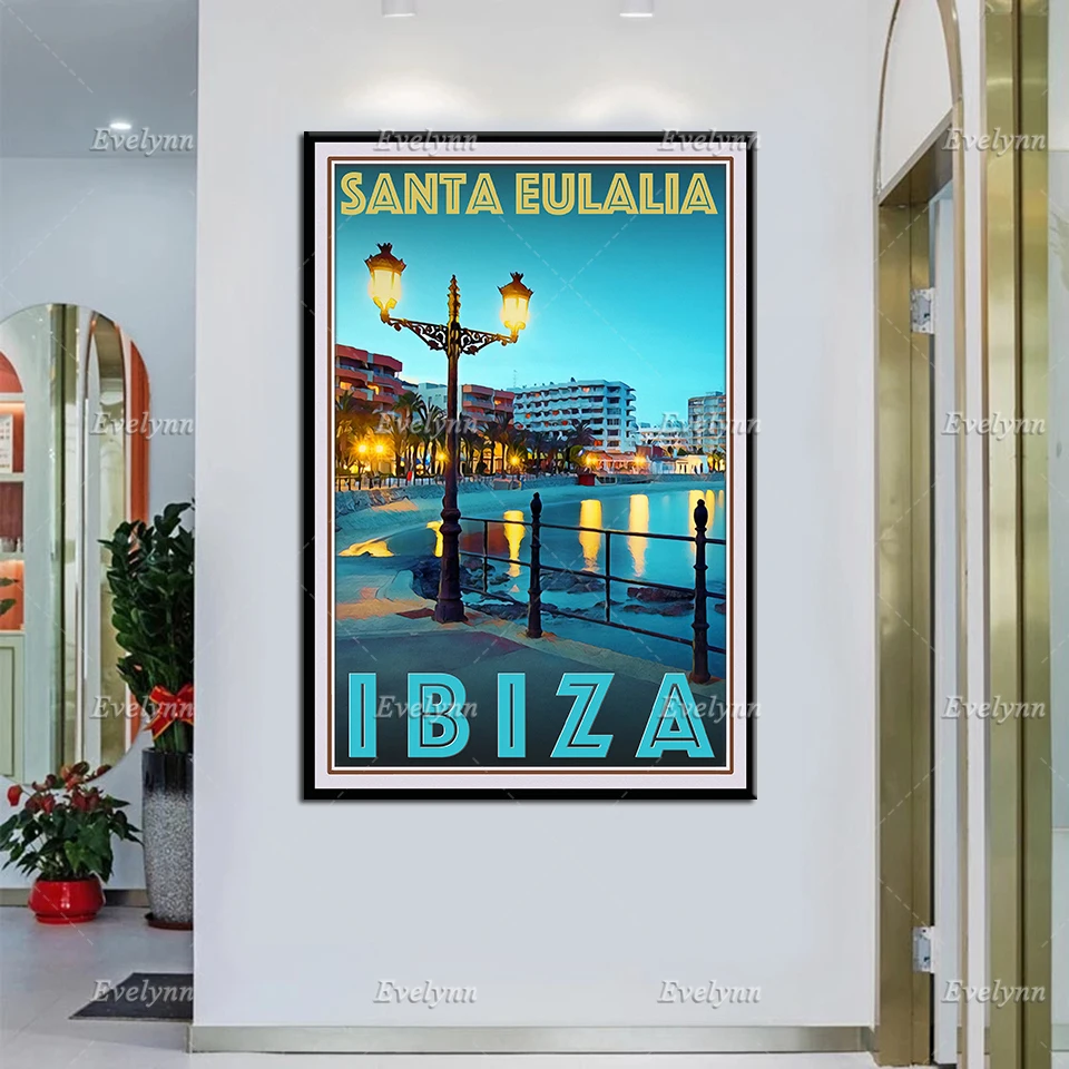 Retro Vintage Style Travel Poster Ibiza Spain Santa Eulalia Oil Painting Posters and Prints on Canvas Wall Art Pictures Decor