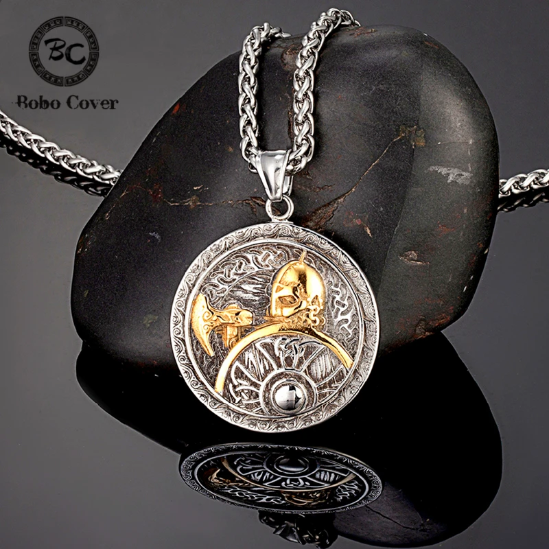 Retro Viking Spartan Warrior Axe Necklace Men Stainless Steel Gold Color Norse Scandinavian Helmet Shield Pendant Amulet Jewelry