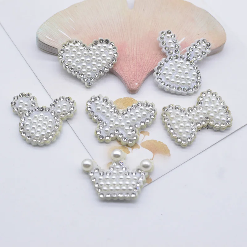 15Pcs/lots Mixed Pearl Butterfly Bow Tie Patches Rhinestone Heat Crwon Stick-on Patches Applique Clothes Hairband Garment Supply