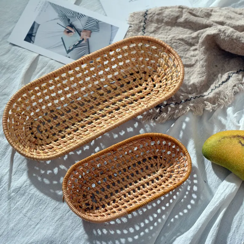 S/L Wicker Rattan Storage Tray Hand-Woven Tea Dessert Plate Round Food Fruit Bread Breakfast Serving Tray for Home Dinner Party