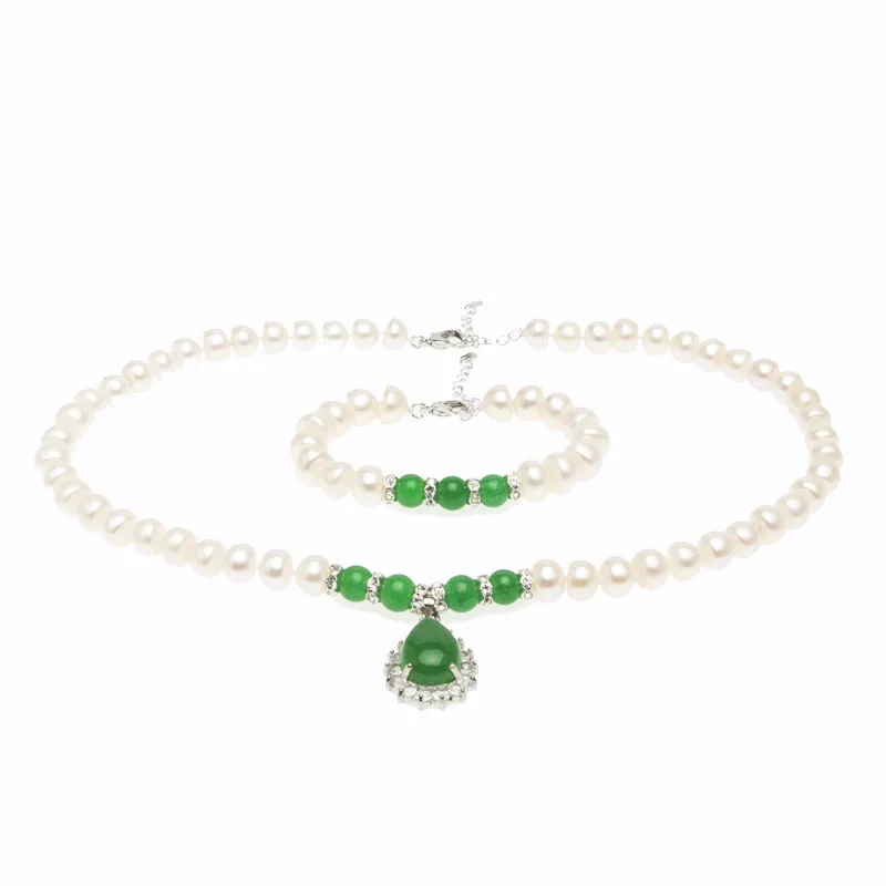 MADALENA SARARA Hot Sale Freshwater Pearl Jewelry Set 8-9mm Near Round Shape Pearl Green Agate Necklace Bracelet Earring