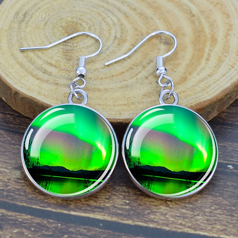 Northern Lights Art Picture Glass Cabochon Dangle Earring Alloy Drop Earrings Glass Cabochon Ear Jewelry