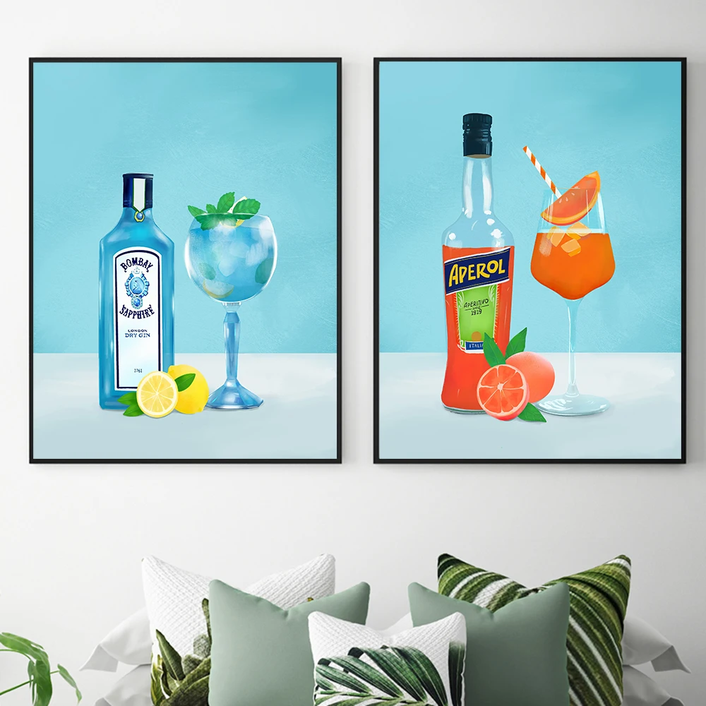 Modern Blue Style Cocktails Aperol Spritz Gin Tonic Poater And Print Goblet Canvas Painting Kitchen Bar Wall Art Decor Pictures