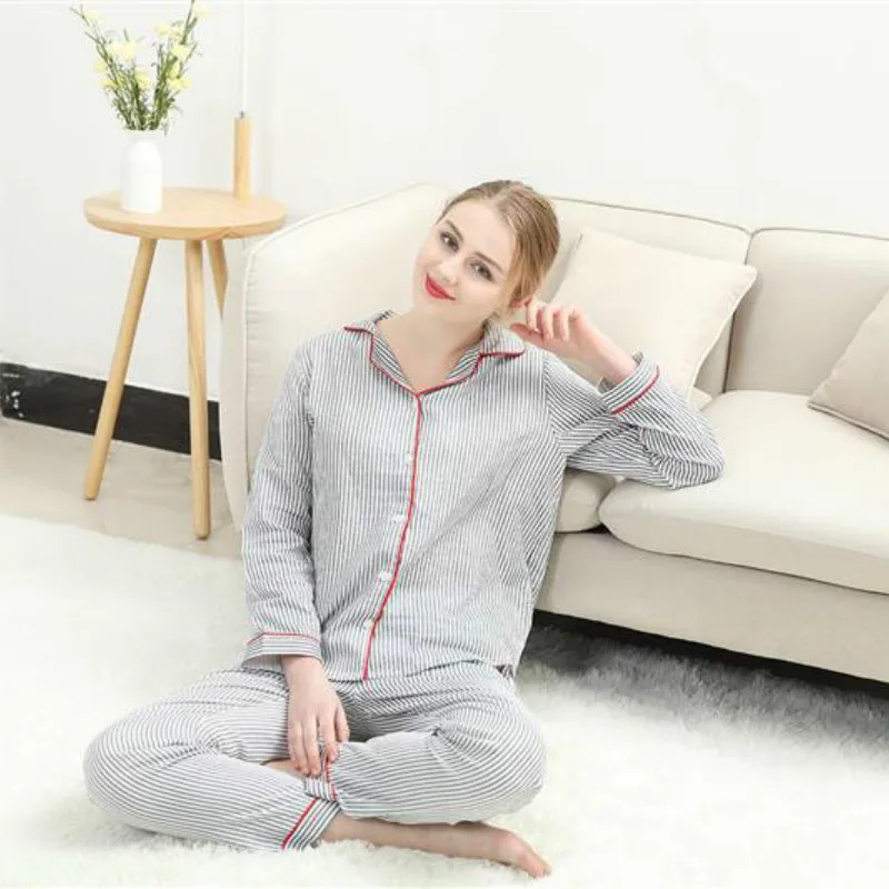 Sleepwear Women\'s Cotton Home Suit Pajamas Winter Long Sleeve Stripe Pyjama Female Casual Lounge Set Dropshipping