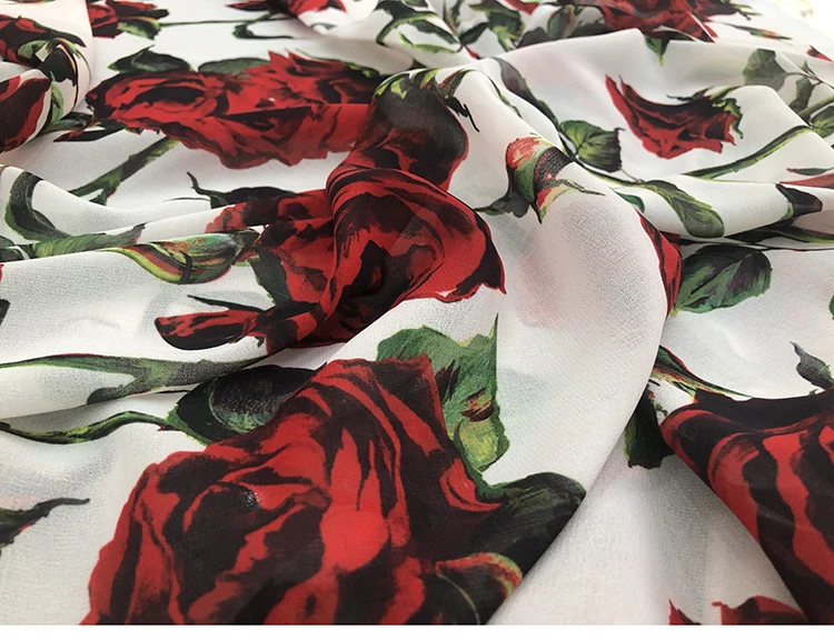 Europe and America Red Rose Flower Printed Imitate Silk Satin Or Chiffon Fabric For Woman Dress Blouse DIY Cloth Sewing