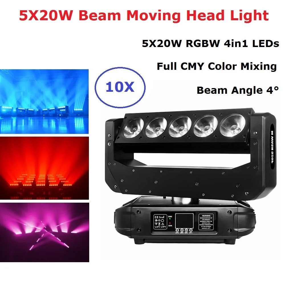 

LED 5X20W RGBW Moving Beam DMX512 Moving Head Light CMY Function Professional Dj Light Party Bar Lightshow Disco Effect Lights