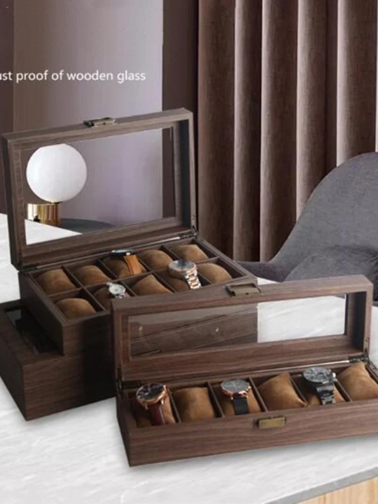 Wood Grain Leather Watch Box Jewelry Watch Storage Box with Retro Hidden Button Men's Quartz Watch