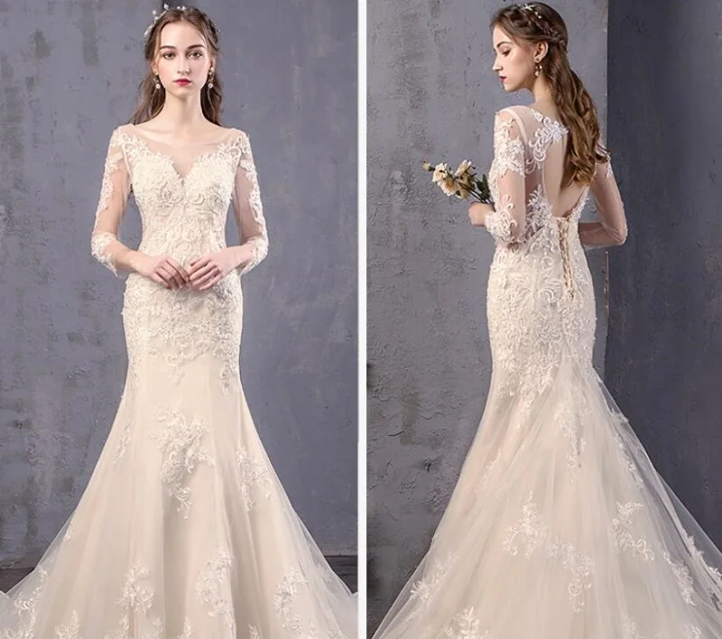 Gorgeous O-Neck 3/4แขนยาว Sweep Train ภาพลวงตาลูกไม้ Mermaid ชุดเจ้าสาวชุด Vestidos De Novia