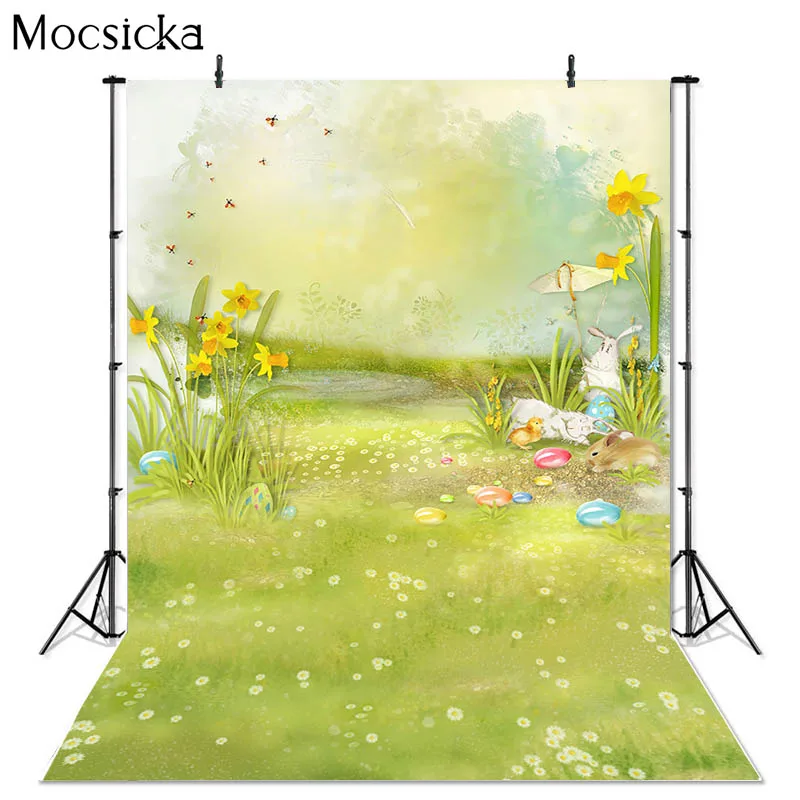 Spring Photography Background Little Yellow Flower Rabbit Meadow Decoration Child Portrait Baby Shower Photo Backdrop Studio