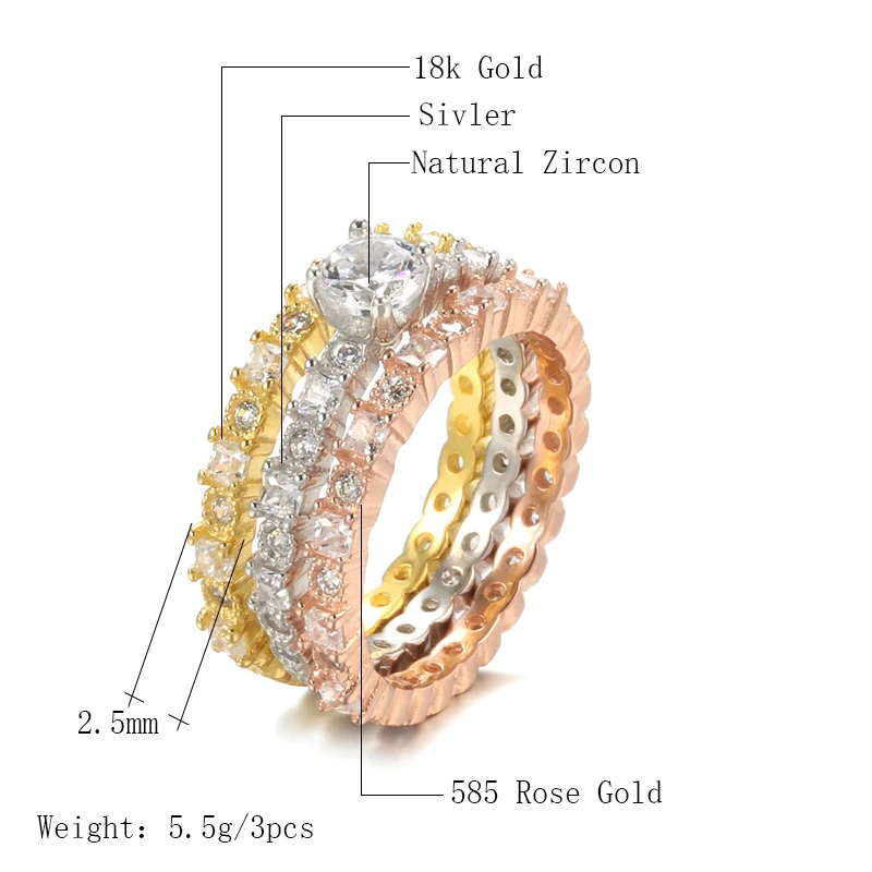 Kinel Luxury 585 Rose Gold Ring Sets Wedding Band Eternity Natural Zircon Ring Big Gift ladies Crystal Rings Fine Jewelry 2021