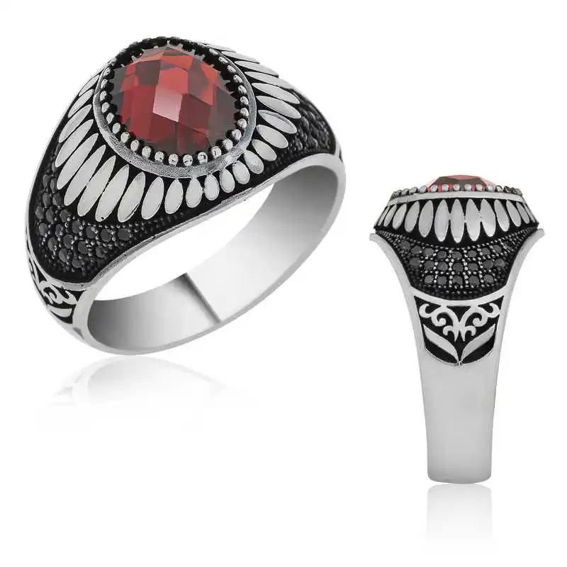 ​Silver Red Zircon Stone Men's Ring - 925 Sterling Men's Jewelry Wedding Birthday Gift - Box - Zircon Stone - Man - Fashion - Botiva - Size - Turkish - Patterned Embroidery