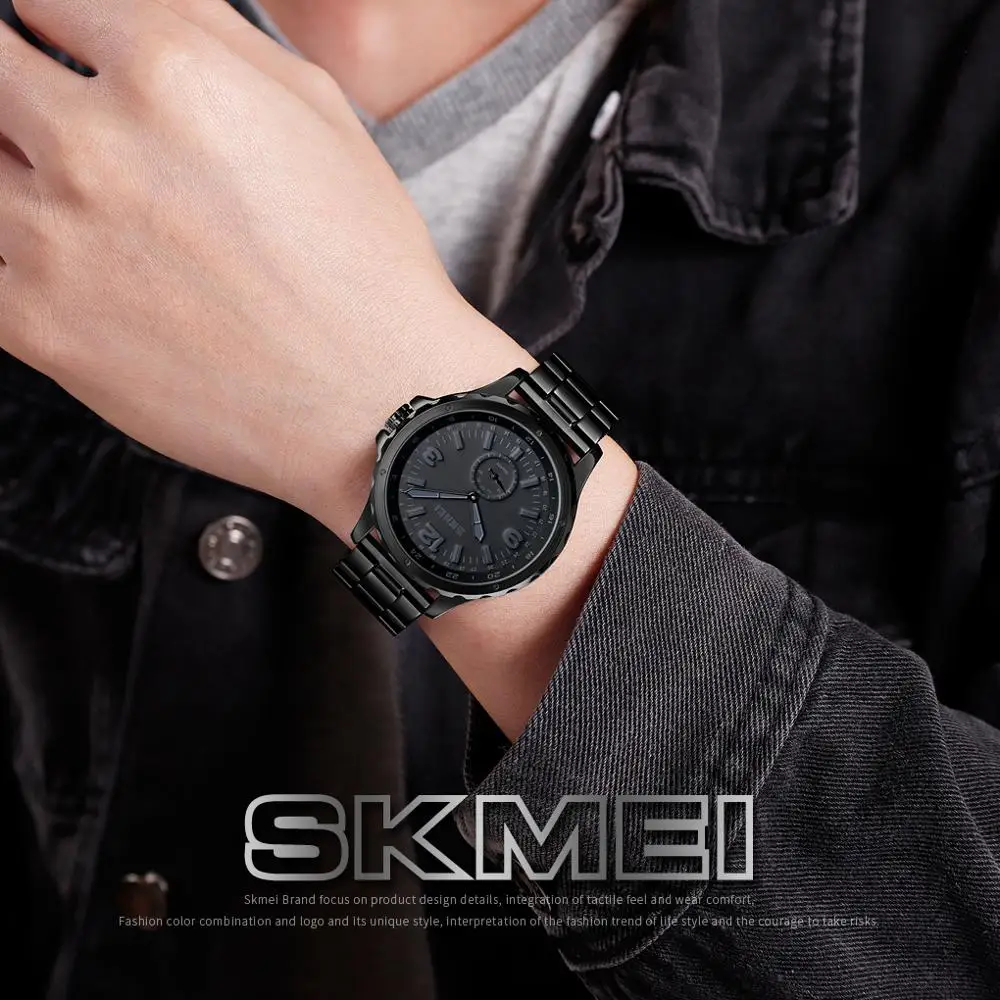 SKMEI Pria Jam Tangan Atas Merek Mewah Quartz Watch Klasik Kasual Hitam Penuh Baja Jam Tangan untuk Pria Relogio Masculino