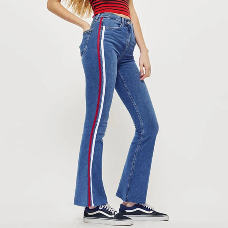 High Waist Stretch Skinny Flare Jeans Boot Cut Women Stripe Denim Bell Bottoms Elegant Wide Leg Pants Ladies Palazzo Highwaist