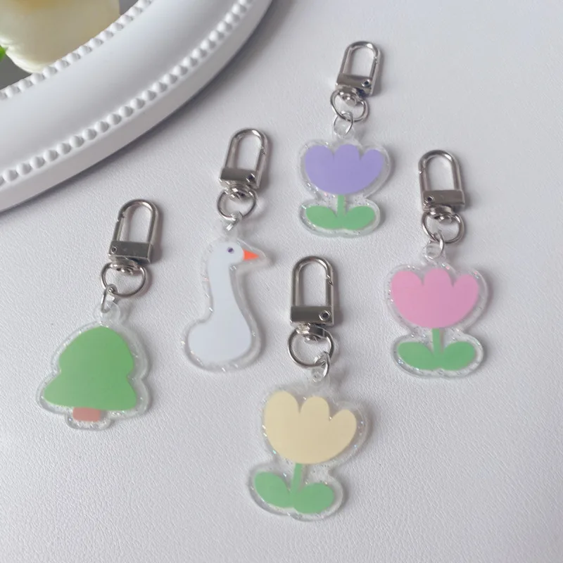 Ins Colorful Tulip Duck Key Holder Blingbling Flash Powder Acrylic Decorative Pendant Kawaii Backpack Ornament Keychain Toy