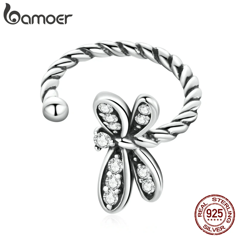 Bamoer 1PC Vintage 925 Sterling Silver Dragonfly Ear Cuff for Women Ear Clip New Trendy Simple Style Jewelry Set Friendship Gift