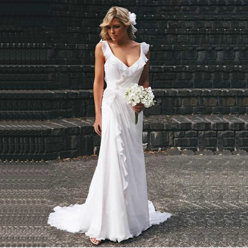 Robe de mariée en mousseline de soie blanche, style Boho, simple, à volants, col en V, pour les patients de plage, quel que soit pour les femmes, vêtements de mariée longs, été 2024