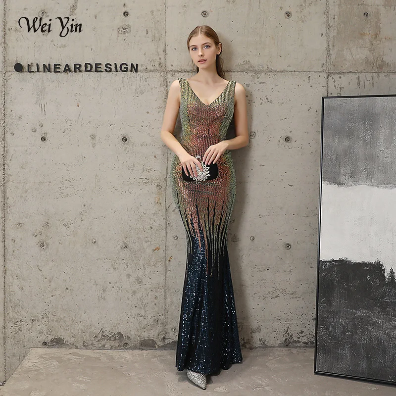 

wei yin AE0360 New Prom Dresses 2023 Long Elegant Sleeveless V Neck Sequined Sparkle Mermaid Party Gowns