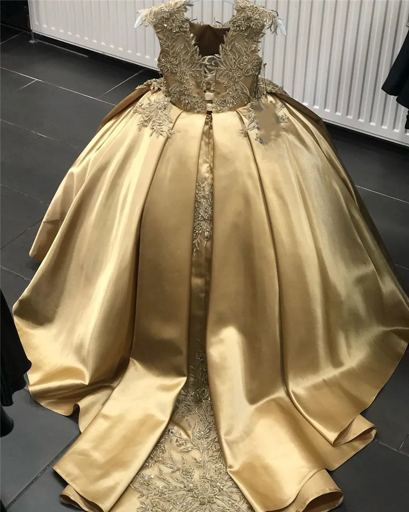 Robe de demoiselle d'honneur dorée avec perles, robe de reconstitution historique pour enfants, dentelle, satin, appliques, vêtements de fête d'anniversaire, mariage, chaud, 2022