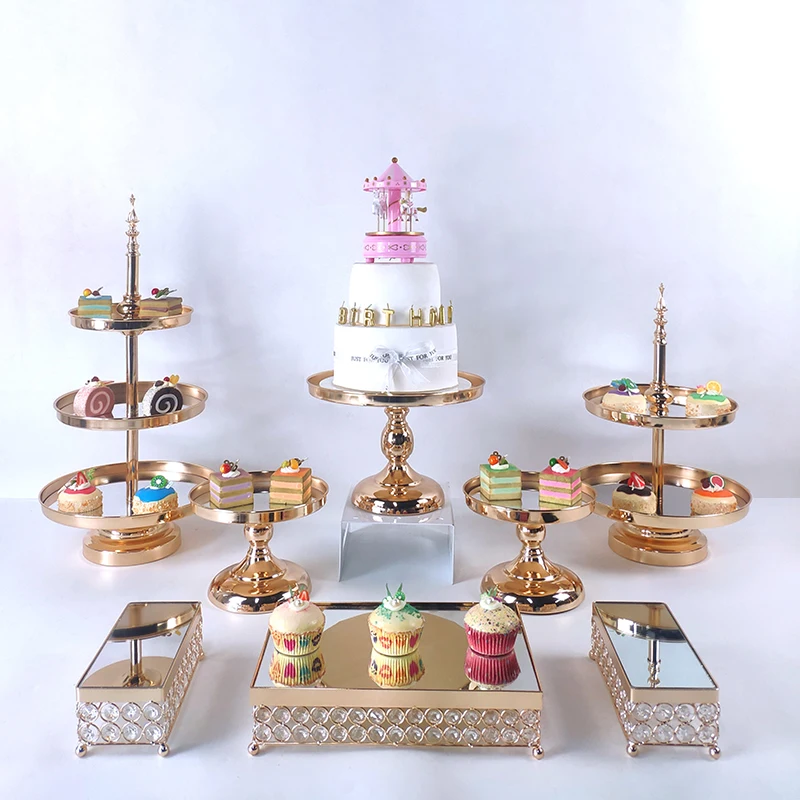 

gold mirror Wedding Display Crystal Cupcake Decoration Crystal Set Round Mirror Cake Stand