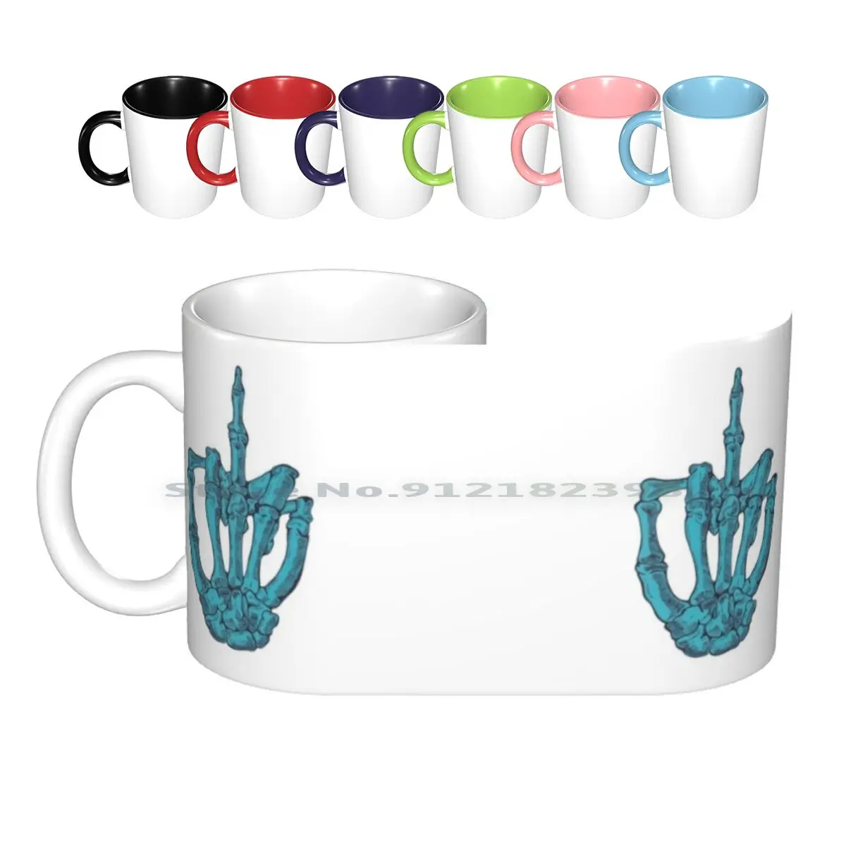 Skeletal Middle Finger-Blue Ceramic Mugs Coffee Cups Milk Tea Mug Skeleton Middle Middle Finger Pen Sketch Rude Bones Skull